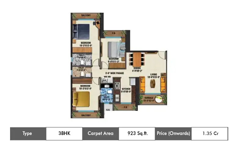 3 BHK 923 Sq.ft.