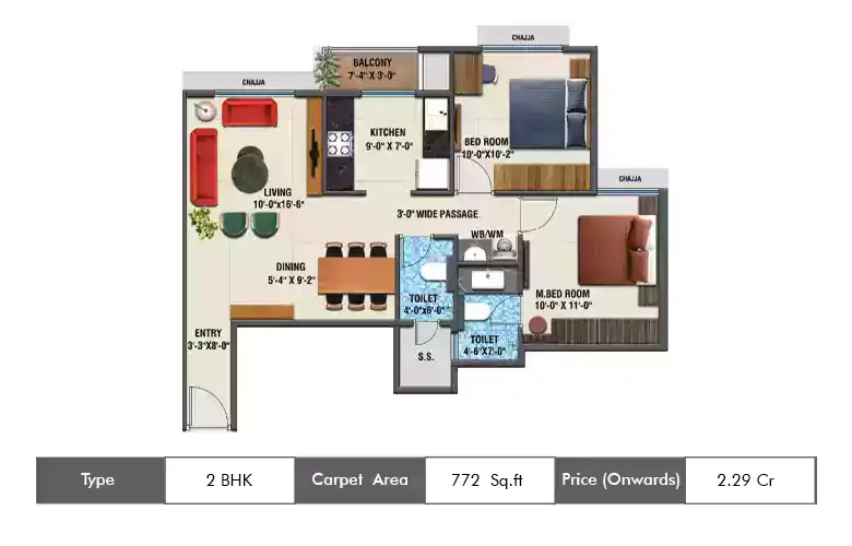 2 BHK-772 Sq. ft.