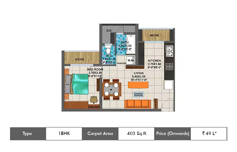 1 BHK-403 Sq.ft.