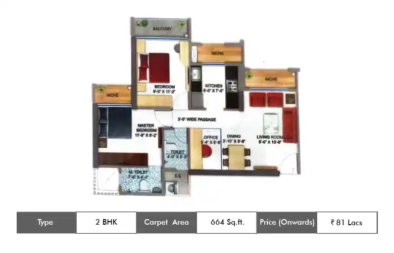 2 BHK-664 Sq.ft.