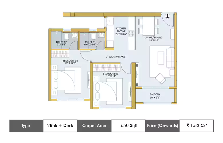 2 BHK + Deck-650  Sq.ft.