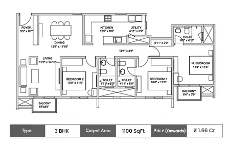 3 BHK + 3T 1100 SqFt
