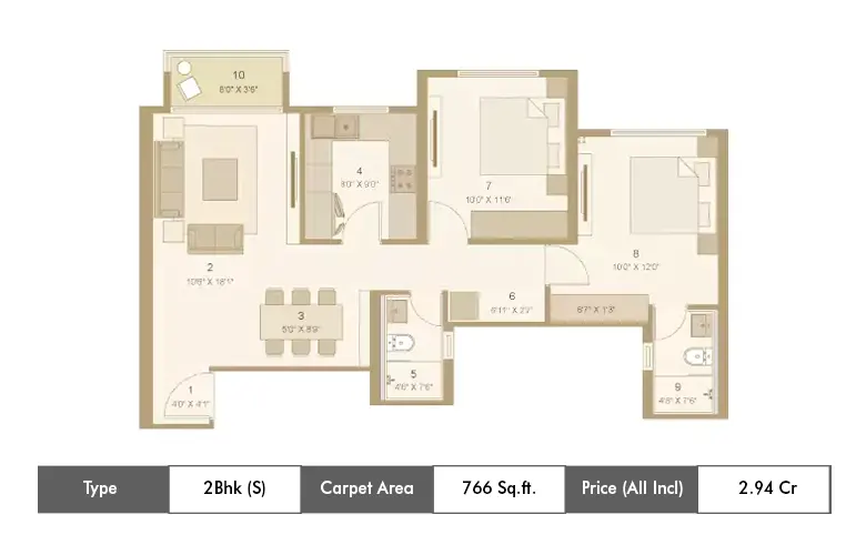 2 BHK-766 Sq.ft.