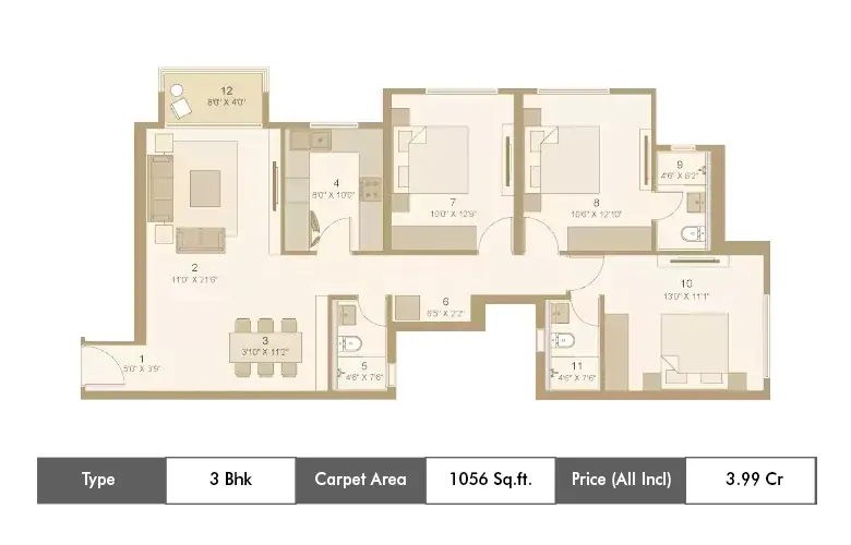 3 BHK-1056 Sq.ft.