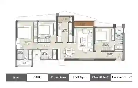 3 BHK-1121  Sq.ft