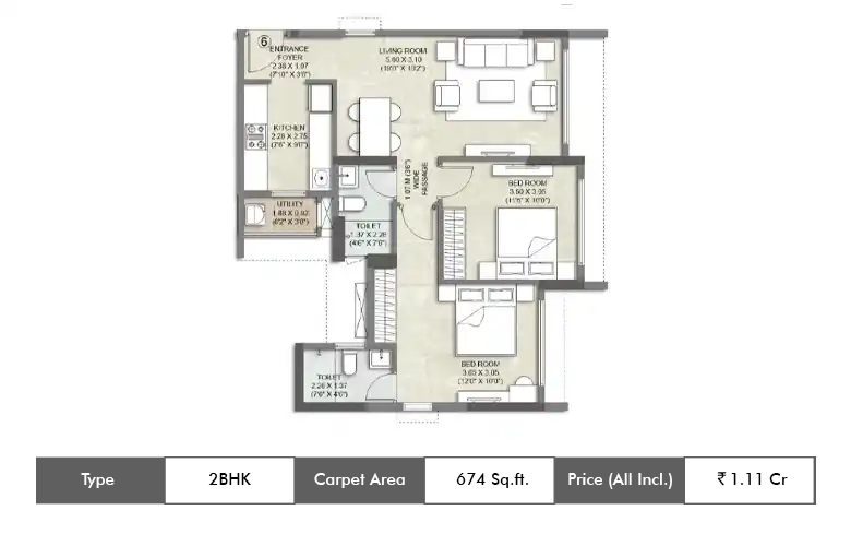 2 BHK-674  Sq.ft