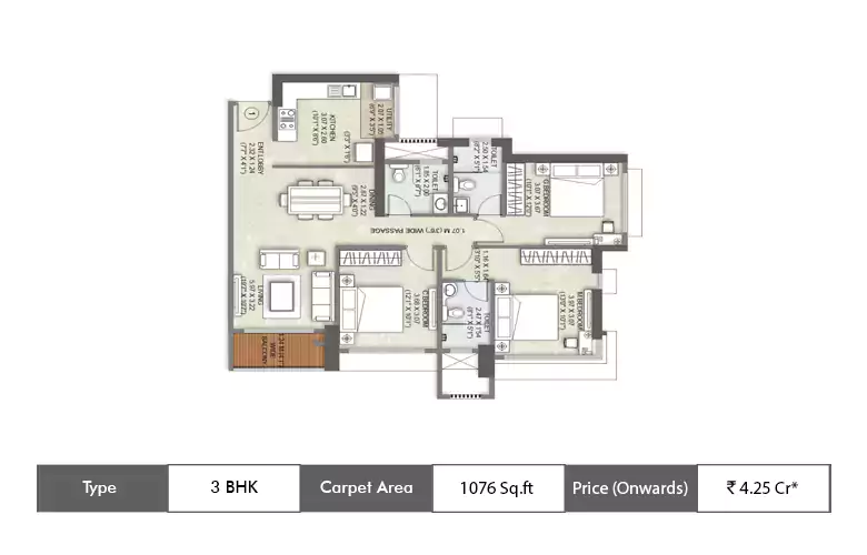 3 BHK-1076 Sq. Ft