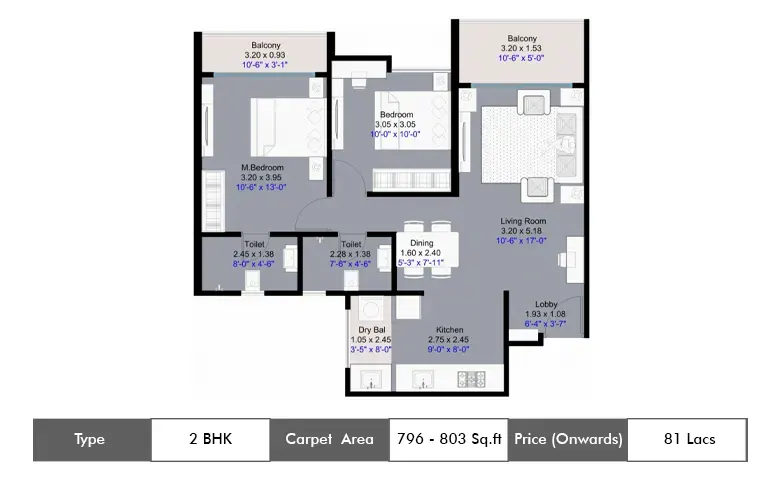 2 BHK-796 Sq.ft.