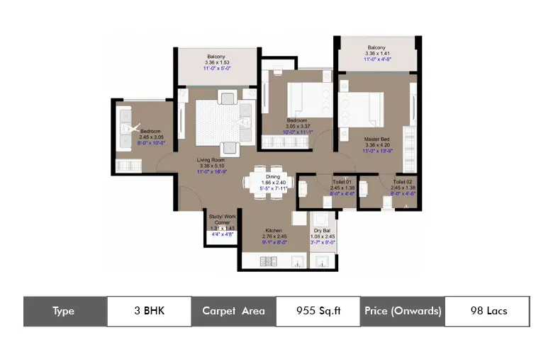 3 BHK-955 Sq.ft.