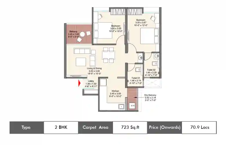 2 BHK-723 Sq.ft.