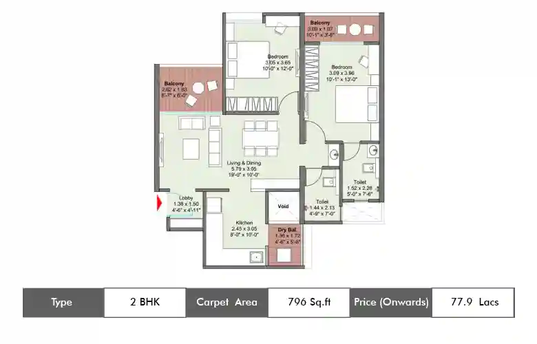 2 BHK-796 Sq.ft.