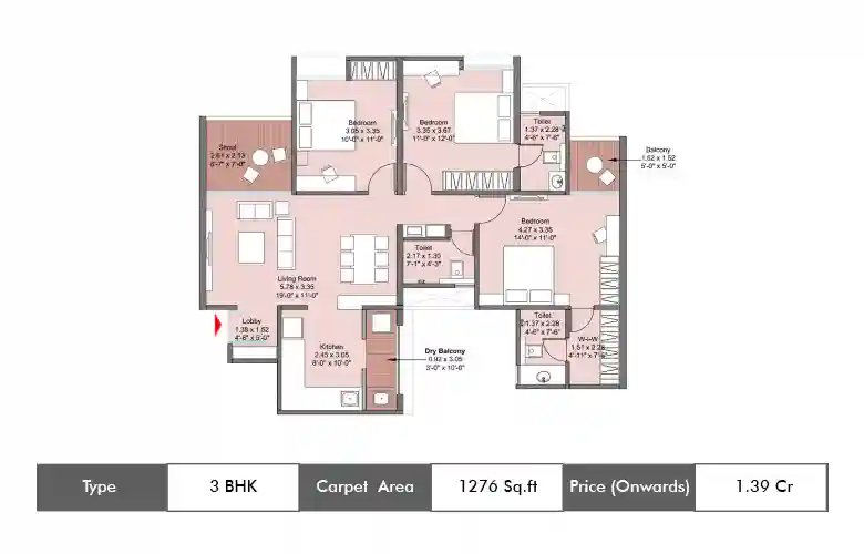 3 BHK-1276 Sq.ft.