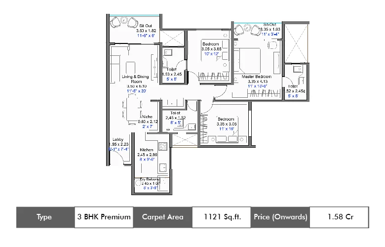 3 BHK-1121 Sq.ft.