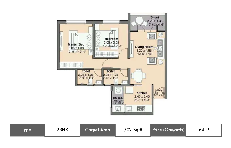 2 BHK Premium-702 Sq.ft.