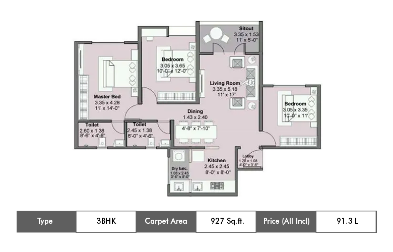 3 BHK Premium-927 Sq.ft.