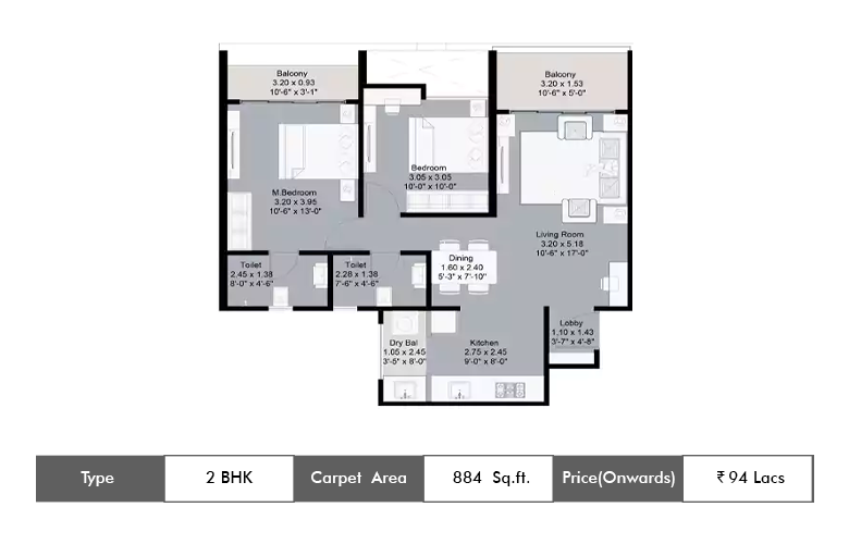 2 BHK-884 Sq.ft.