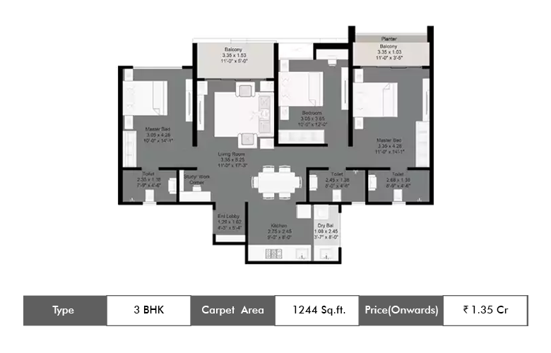 3 BHK-1244 Sq.ft.