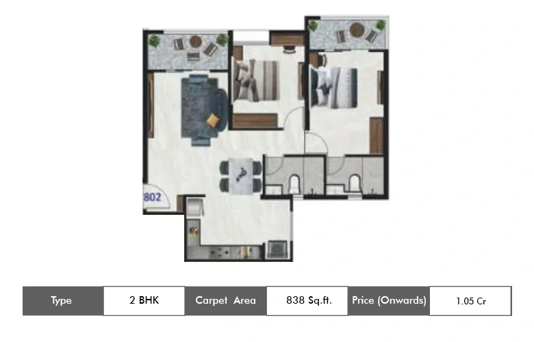 2 BHK-838 Sq.ft.