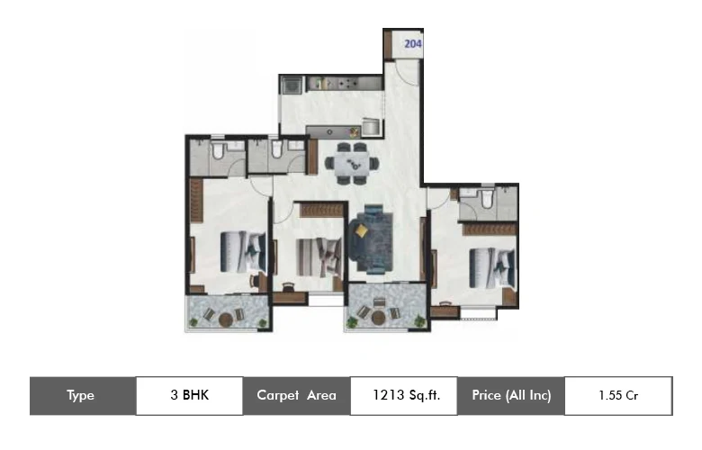 3 BHK-1213 Sq.ft.