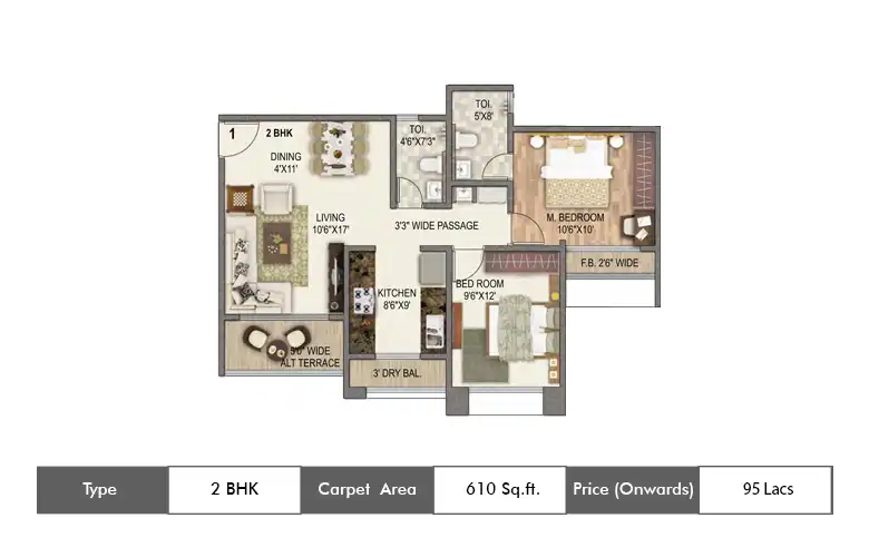 2 BHK-610  Sq.ft.