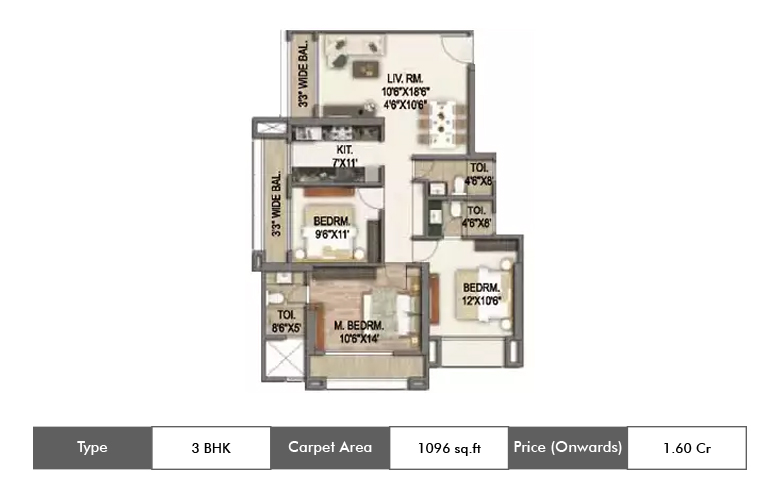 3 BHK-1096 Sq.ft.