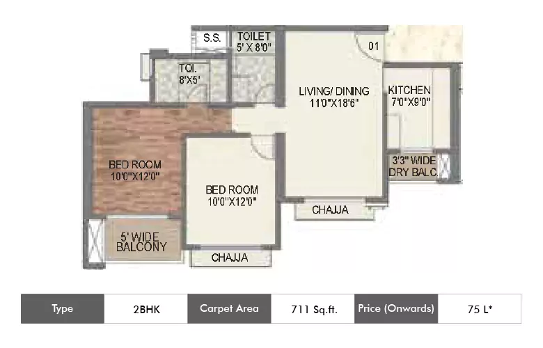 2 BHK-711 Sq.ft.