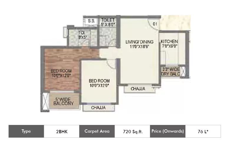 2 BHK-720 Sq.ft.