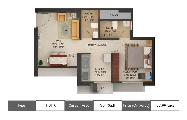 1 BHK-354 Sq.ft.