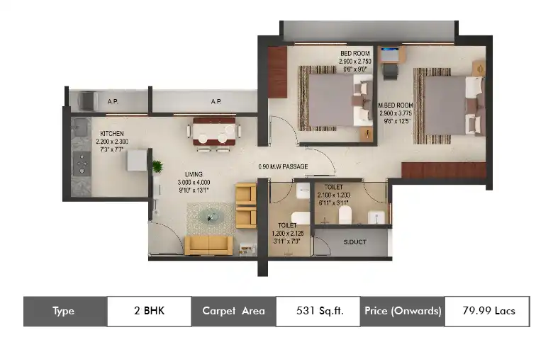 2 BHK-531 Sq.ft