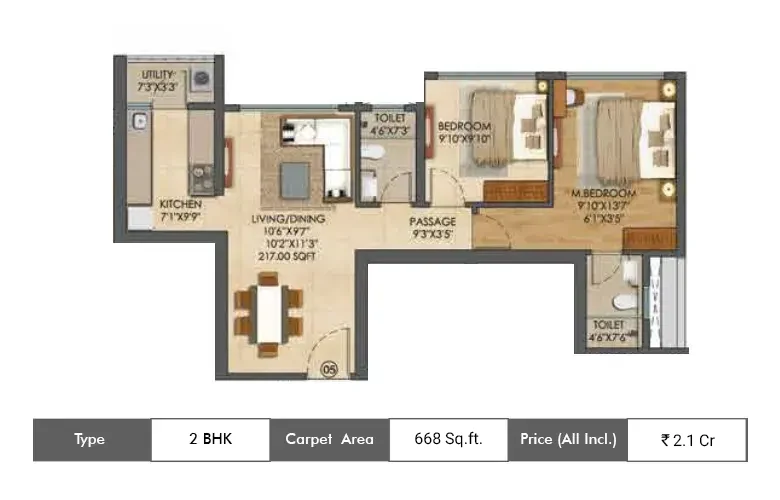 2 BHK-668 Sq.ft.