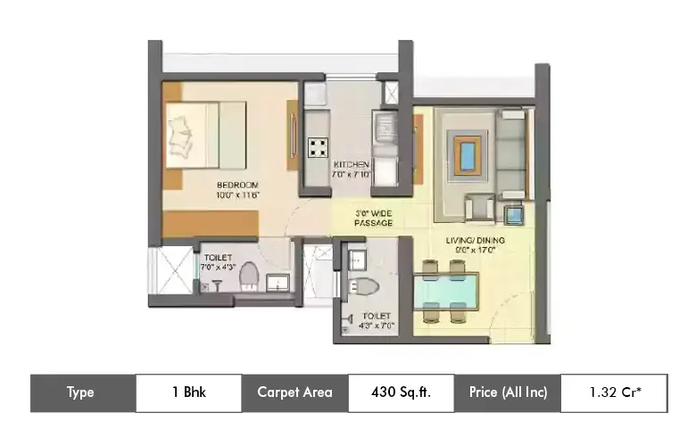 1 BHK-430  Sq.ft.