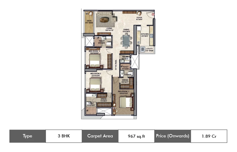 3 BHK-967 Sq.ft.