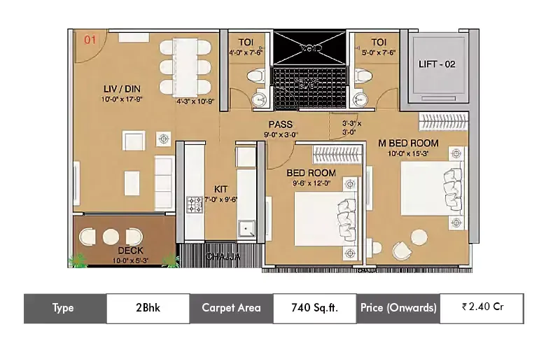 2 BHK-740 Sq.ft.