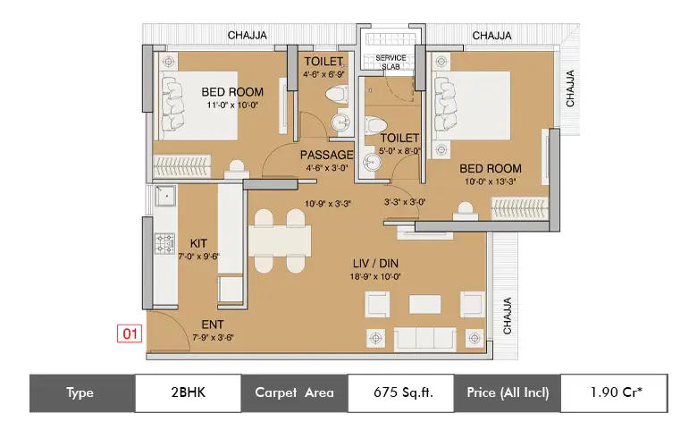 2 BHK-675 Sq.ft.