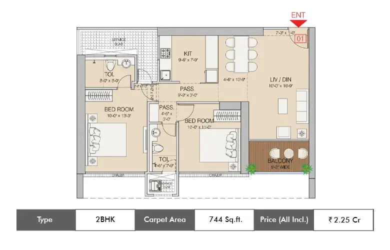 2 BHK-744 Sq.ft.