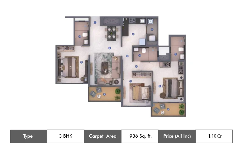 3 BHK-936  Sq.ft.