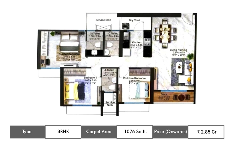 3 BHK-1076 Sq.ft.