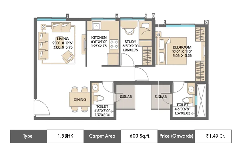 1.5 BHK-600 Sq.ft.