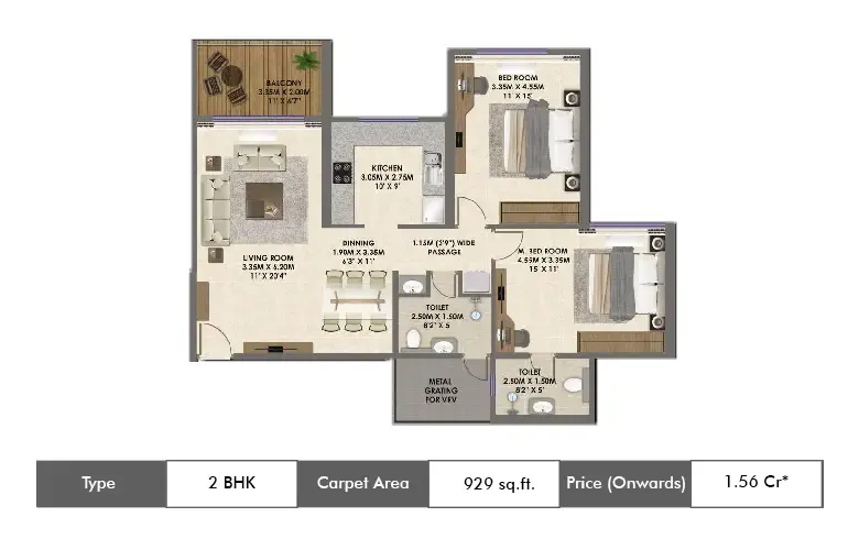 2 BHK-929 Sq.ft.