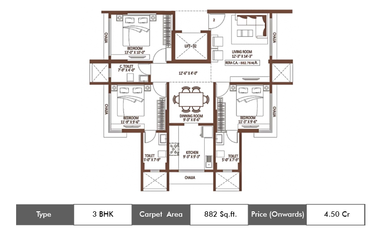 3 BHK-882 Sq.ft.