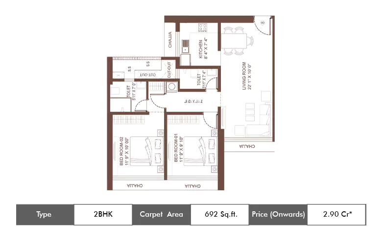 2 BHK-692 Sq.ft