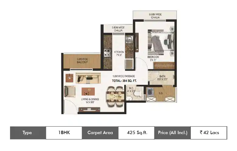 1 BHK-425 Sq.ft.