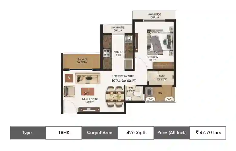 1 BHK-426 Sq.ft.