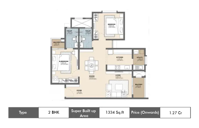 2 BHK-1334  Sq.ft.