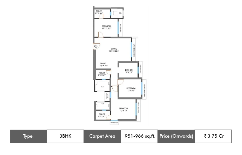 3 BHK-951-966 Sq.ft.