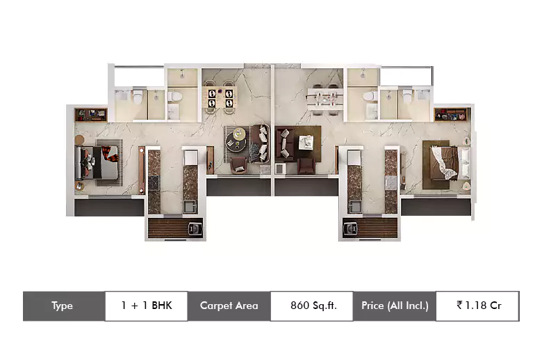 1 + 1 BHK-860 Sq.ft.