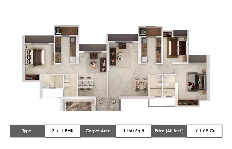 2+1 BHK-1150 Sq.ft.